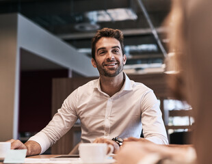 Happy businessman, meeting and discussion in office for problem solving, talk or planning. Smile,...