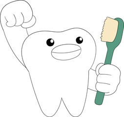 CUTE TOOTH CHARACTER HOLDING A TOOTHBRUSH WITH A RAISED FIST FOR DENTAL HEALTH
