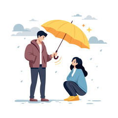 A young guy protects a girl from the rain with an umbrella. Rainy day. Psychological support concept. Cartoon flat vector illustration isolated on white.