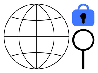 Globe, lock, and magnifying glass symbols. Ideal for internet security, global search, privacy protection, online safety, cybersecurity. Simple vector design with emphasis on global internet themes