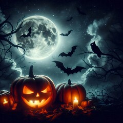 Spooky Halloween Night with Silhouettes of Pumpkins and Bats Day of the Dead