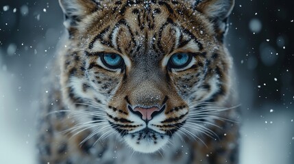 Obraz premium A majestic lynx prowls through a snowy forest, captivating with its piercing blue eyes and stunning spotted fur under a gentle flurry