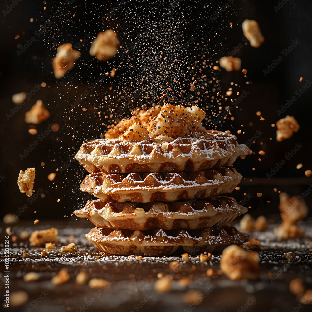 Poster delicious waffles stacked high, topped with crispy bits and dusting of powdered sugar, create mouthw
