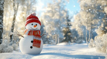 Obraz premium Snowman with Red Hat and Scarf in a Snowy Winter Landscape