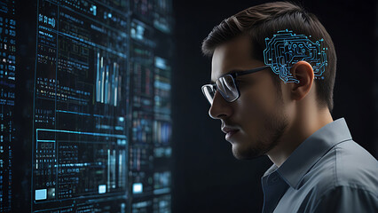 Scientist focused on digital interface analyzing data and visualizes complex information networks with artificial intelligence, big data, data streams. 