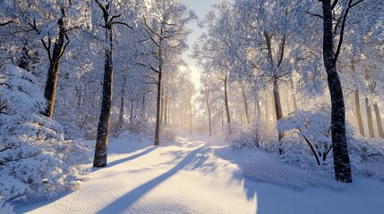 Obraz premium Snowy Forest with Trees Covered in Frost Under Clear Winter Sky