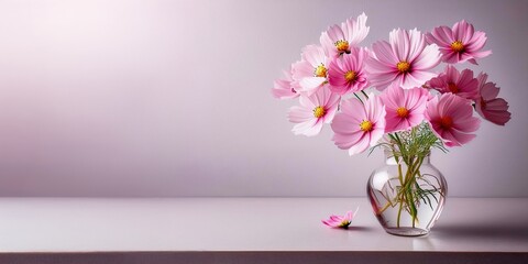 Cosmos flowers in glass vase with copy space. A card background or valentine's day.