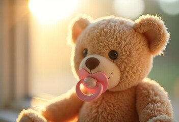 A playful scene of a pacifier on a plush teddy bear, captured in warm sunlight filtering through a window create with ai