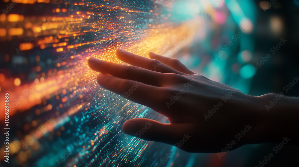 Aufkleber a hand reaches out to touch a glowing digital screen filled with abstract data, representing the int