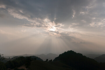 A landscape view of nature of green mountain at sunrise morning
