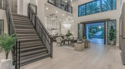 Fototapeta premium A spacious, modern foyer with a light gray staircase and wide wooden front door. The hardwood floors shine under the light, leading the eye to the high ceiling.