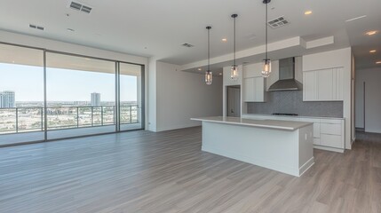 Fototapeta premium A spacious room with large glass windows and polished hardwood floors, showcasing sleek architectural lines and open space.