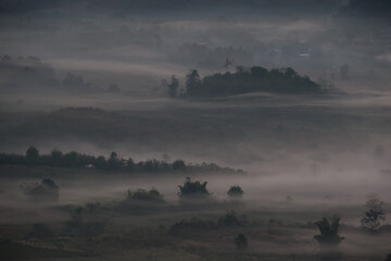 A landscape view of nature of green mountain at sunrise morning