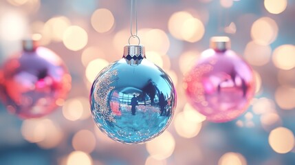 Fototapeta premium Transparent Christmas Baubles in Pink and Blue with Bokeh Lights
