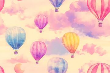 Obraz premium Decorative pattern with hot air balloons, clouds, and a moon in the sky. Watercolor seamless background for childish textiles or wallpapers.