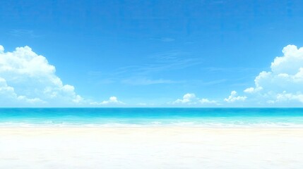 Fototapeta premium A summer beach scene with a clear blue sky and ocean waves gently crashing on the shore, creating a peaceful holiday mood.