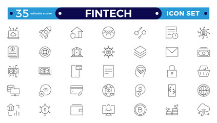 Fintech outline icon set. Containing digital banking, cryptocurrency, mobile payment, regtech, blockchain, robo-advisors, financial services and more. Editable stroke outline icon.
