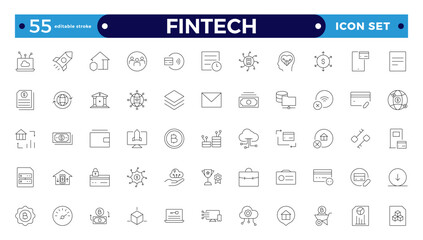 Fintech outline icon set. Containing digital banking, cryptocurrency, mobile payment, regtech, blockchain, robo-advisors, financial services and more. Editable stroke outline icon.
