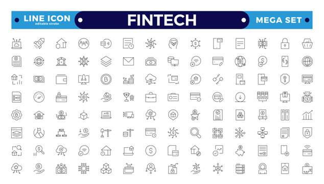 Fintech outline icon set. Containing digital banking, cryptocurrency, mobile payment, regtech, blockchain, robo-advisors, financial services and more. Editable stroke outline icon.
