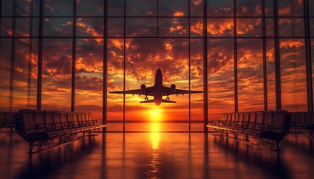 Silhouette of a Plane Taking Off Against Vibrant Sunset Over Ocean