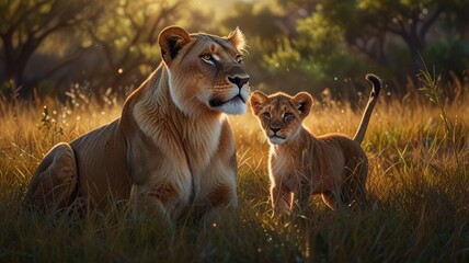 Naklejka premium A lioness and her cub sit in tall grass at sunset, the mother looking off into the distance.