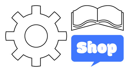 Large gear, open book, and blue speech bubble with the word Shop. Ideal for online store, bookstore, education, technology, and marketing. Simple modern style