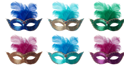 Set collection of colourful glitter shiny venetian carnival masquerade mask with feathers fur, turquoise, blue, green, lime on transparent background