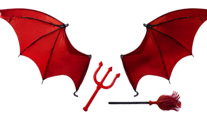 Set collection of devil demon satan red maroon costume accessory, Masquerade mask, wings, trident pitchfork fork, tail, horn on transparent background