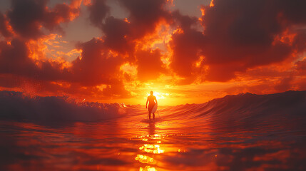 Surfer goes home during a beautiful sunset