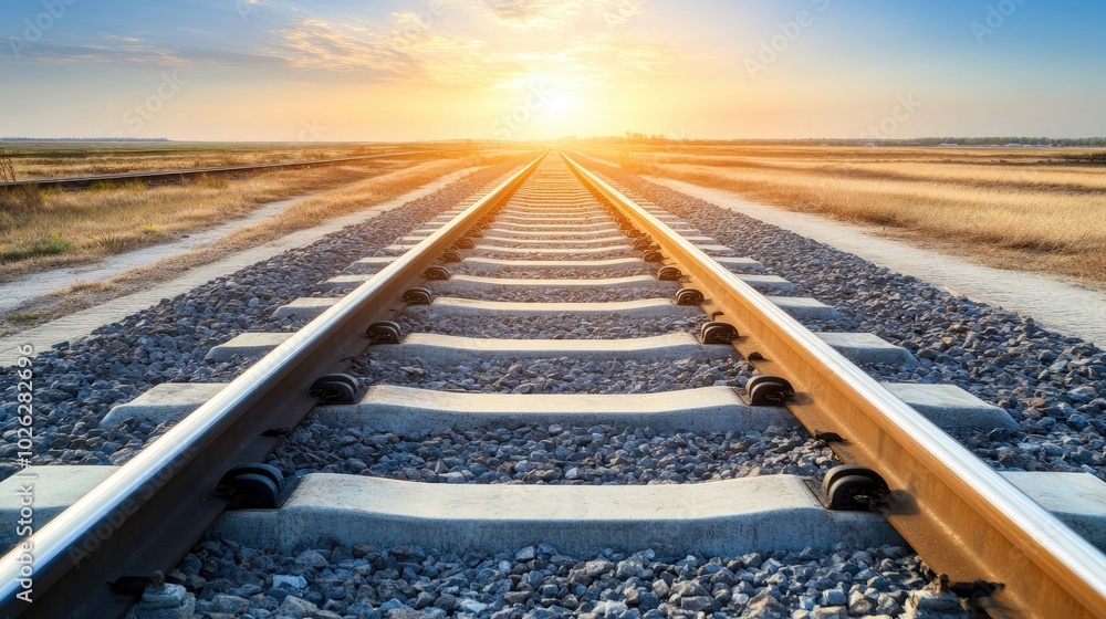 Poster a tranquil scene of train tracks leading towards a glowing sunset, the soft light casting long shado