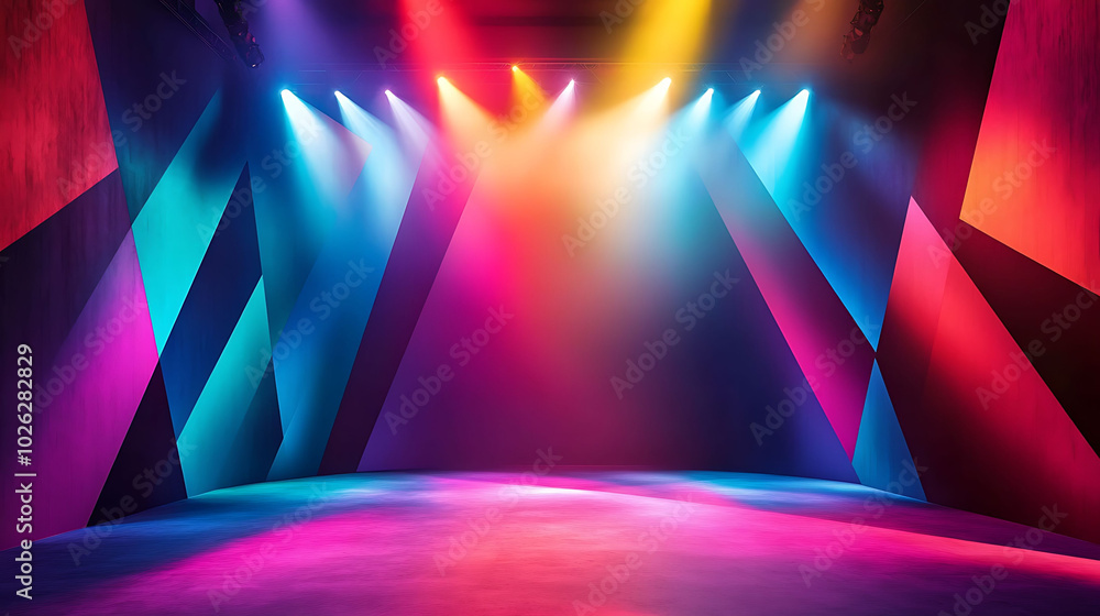 Poster empty stage illuminated with colorful spotlights and geometric shapes.