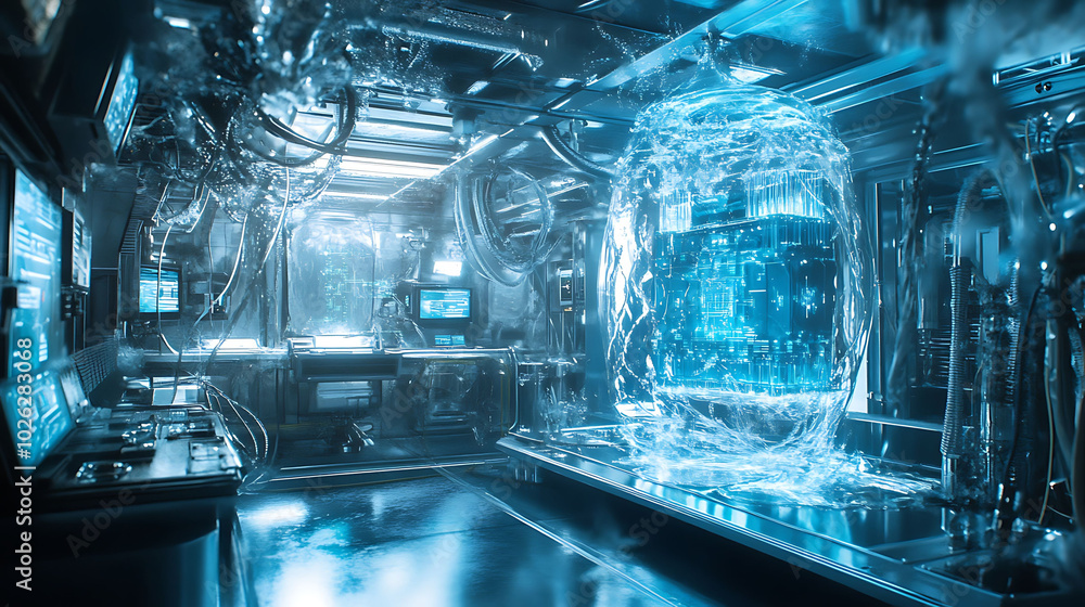 Poster futuristic laboratory with glowing orb in the center, surrounded by complex machinery and computers.