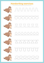 Basic writing exercises. Trace line worksheets for children. Preschool handwriting practice. Vector illustration. A4 - ready to print format