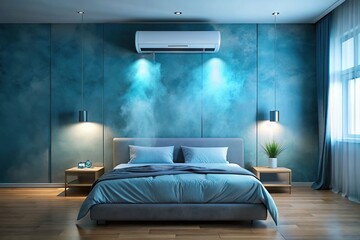 Modern bedroom with air conditioner on top of bed with cool blue mist floating reflected