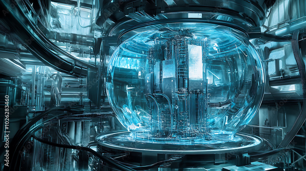Poster a futuristic, transparent sphere encases a complex circuit board, surrounded by intricate wiring and