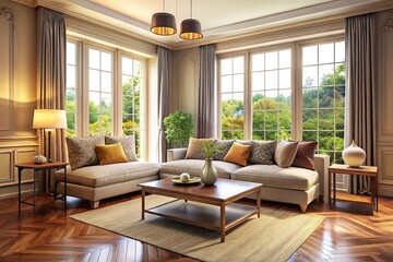 Obraz premium Modern bedroom with bright French window, large sofa, tea table