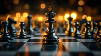 Black king winner surrounded with black gold chess pieces on chess board game competition. concept strategy