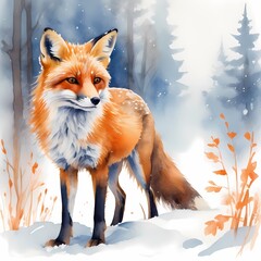 Obraz premium Vibrant fox standing in a snowy forest with orange foliage and soft watercolors