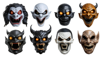 Set collection of scary monster face mask on transparent background cutout.  on transparent background