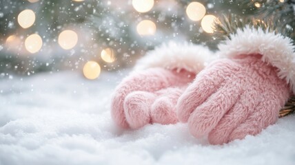 Winter warmth with soft pink mittens on snowy surface, accented by twinkling lights and green pine for a magical, cozy scene. Christmas, winter clothes