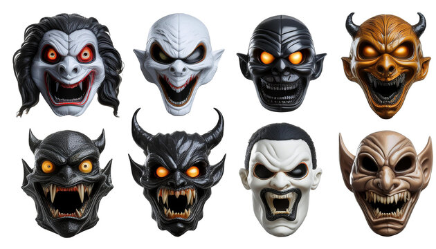 Set collection of scary monster face mask on transparent background cutout.  on transparent background