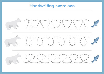 Basic writing exercises. Trace line worksheets for children. Preschool handwriting practice. Vector illustration. A4 - ready to print format