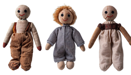 Set collection of vintage scary funny voodoo rag doll puppet on transparent background