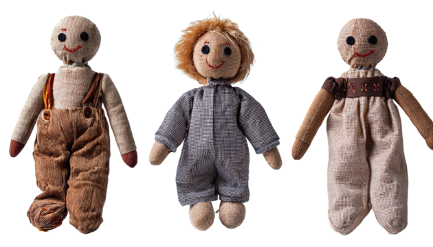 Set collection of vintage scary funny voodoo rag doll puppet on transparent background