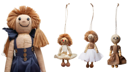 Set collection of vintage scary funny voodoo rag doll puppet on transparent background