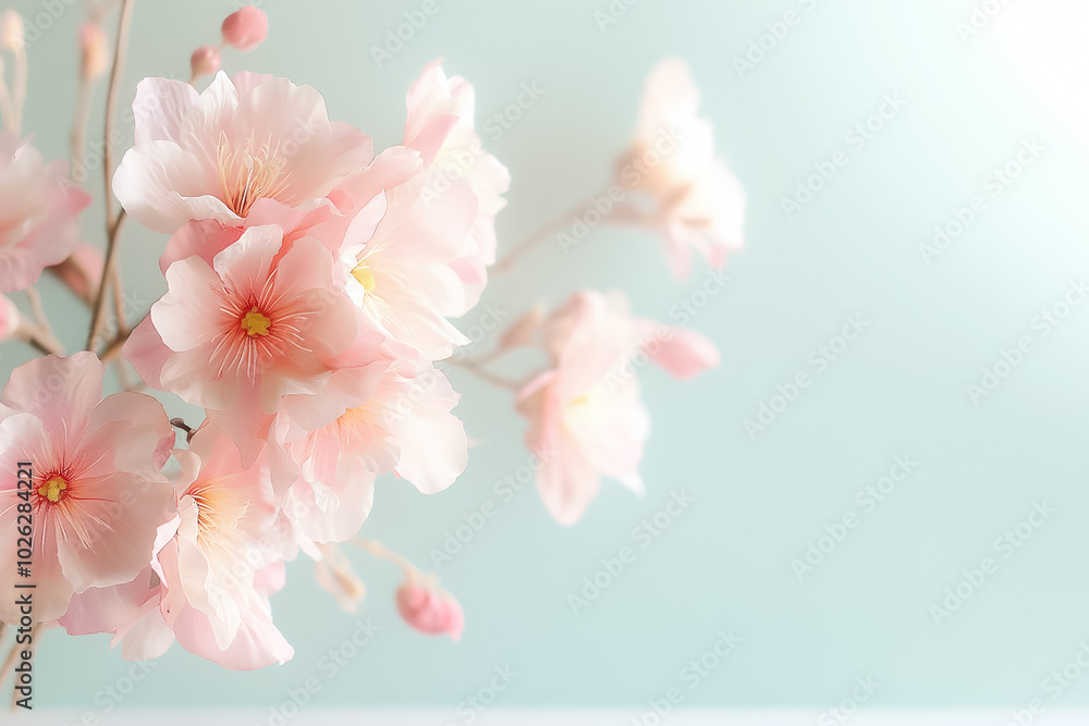 Sticker A serene display of soft pink flowers with gentle petals and vibrant yellow centers complements a light blue backdrop, evoking a sense of peace and renewal