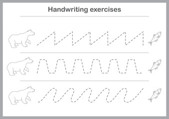 Basic writing exercises. Trace line worksheets for children. Preschool handwriting practice. Vector illustration. A4 - ready to print format