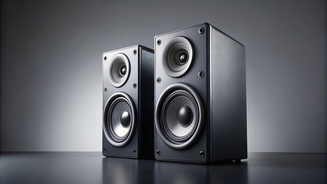 Modern black speakers isolated on grey background