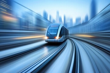 Modern train speeding along a track