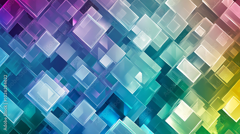 Poster abstract background with colorful overlapping squares and a diagonal pattern.